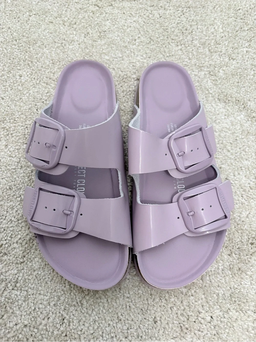 Double-Buckle Slide Sandals in Lavender
